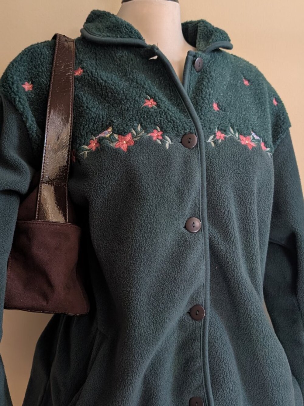 FLORAL FLEECE DETAIL VINTAGE BUTTON UP SWEATER